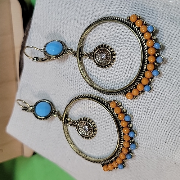 Bohemian Bead Drop Hoop Earrings, turquoise and tangerine - Picture 6 of 7